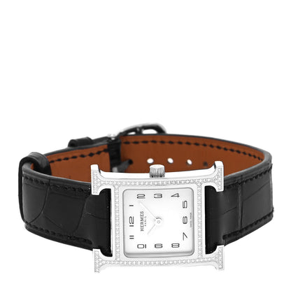 Hermes Stainless Steel Alligator Diamond Bezel Mother of Pearl 21mm Heure H Hour Quartz Watch Noir 2 of 5