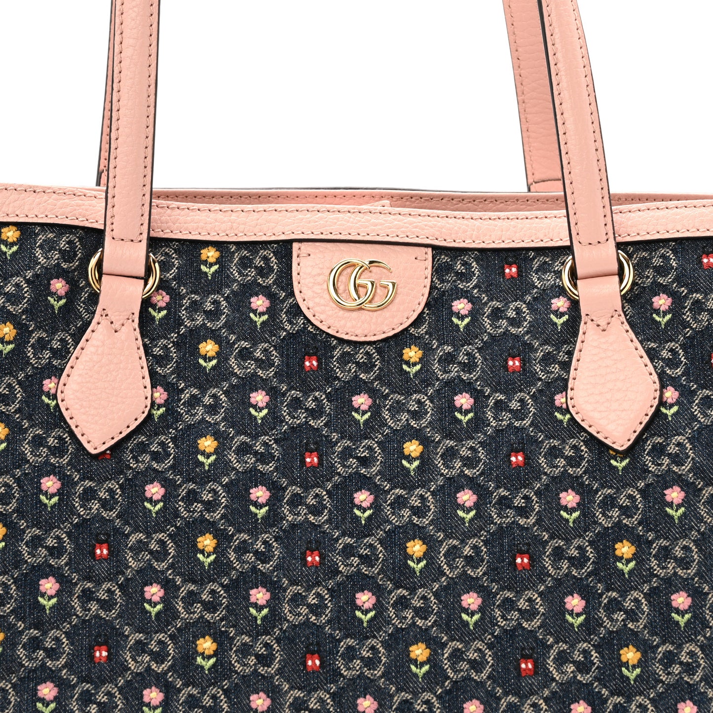 New Denim Dollar Calfskin Floral GG Monogram Medium Ophidia Shopping Tote Blue Tea Multicolor Powder Pink
