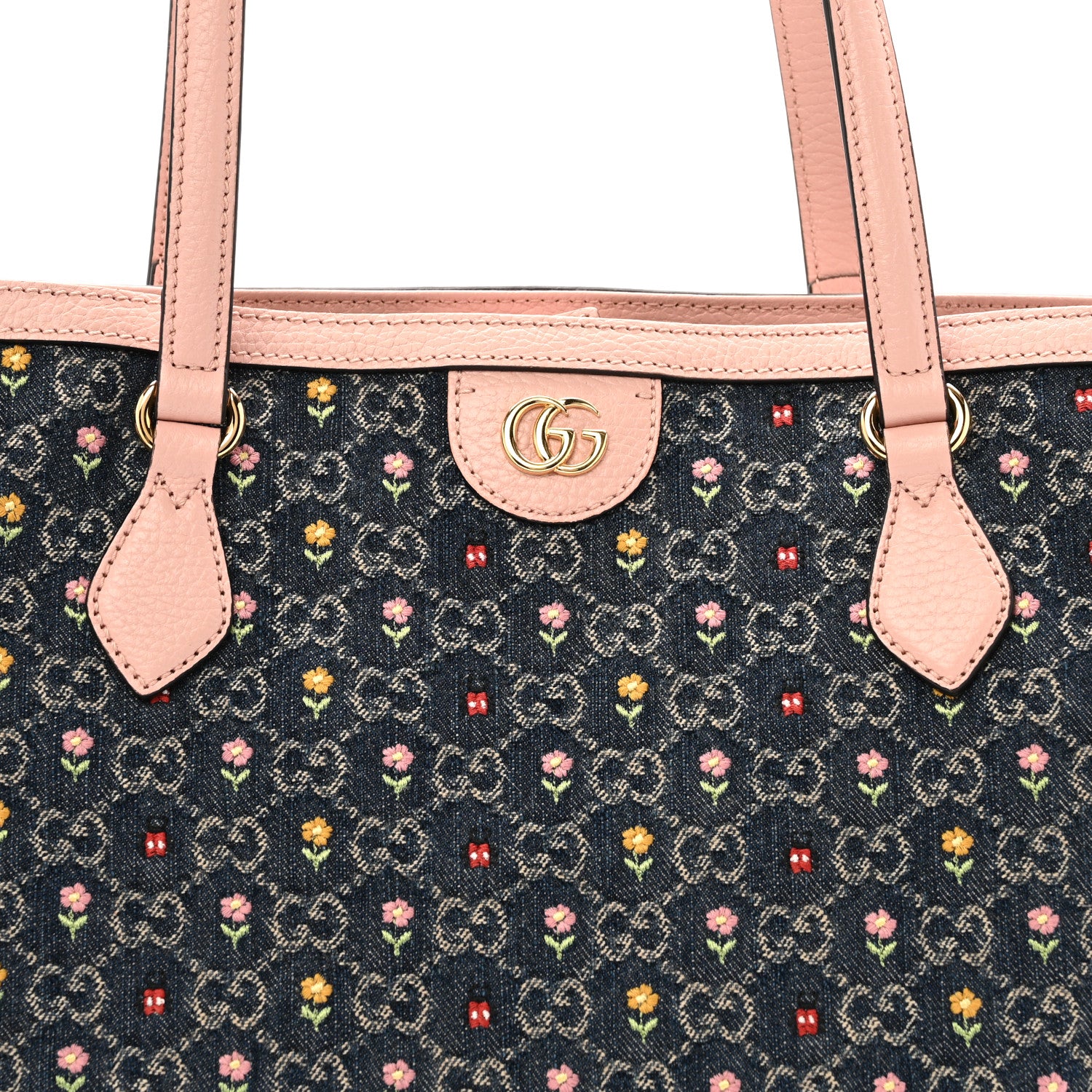 Gucci New Denim Dollar Calfskin Floral GG Monogram Medium Ophidia Shopping Tote Blue Tea Multicolor Powder Pink 8 of 13