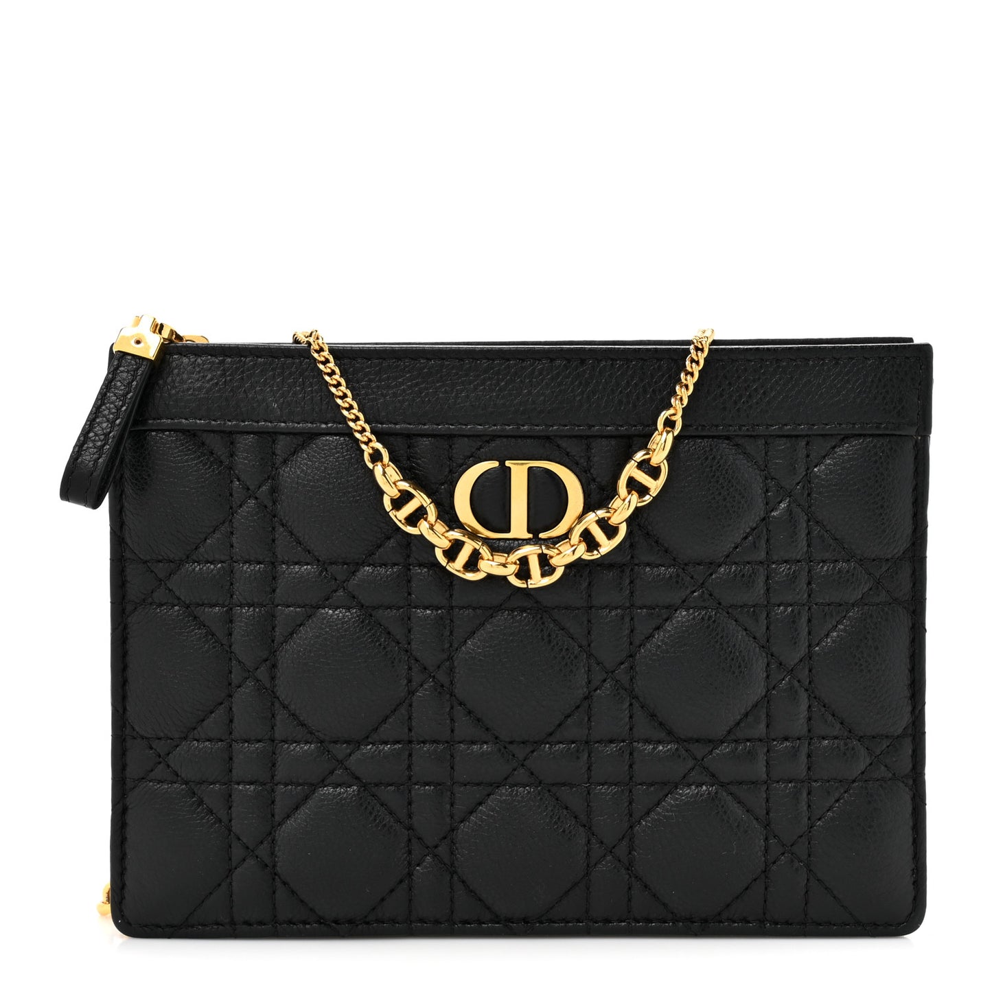 Calfskin Cannage Caro Zipped Pouch With Chain Black