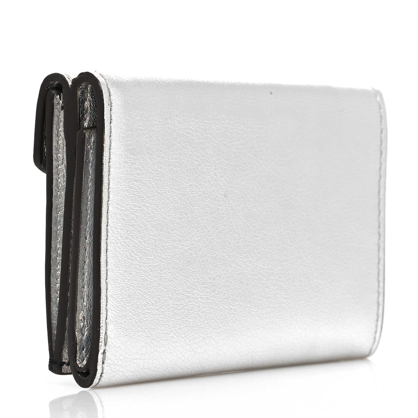 Vitello Soft Catalan Mirror F is Fendi Bi-Color FF 1974 Embossed Micro Tri-Fold Envelope Wallet Maya Black Argento