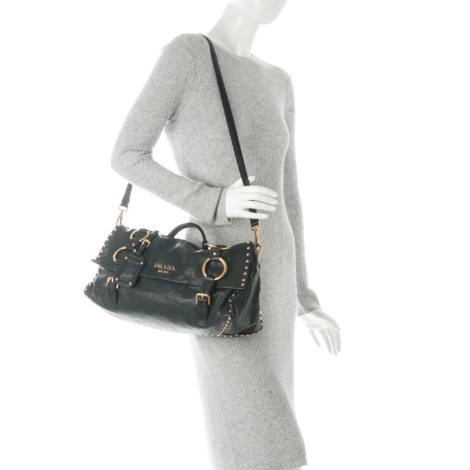 Prada Nappa Studded Aviator Satchel Blue 2 of 10
