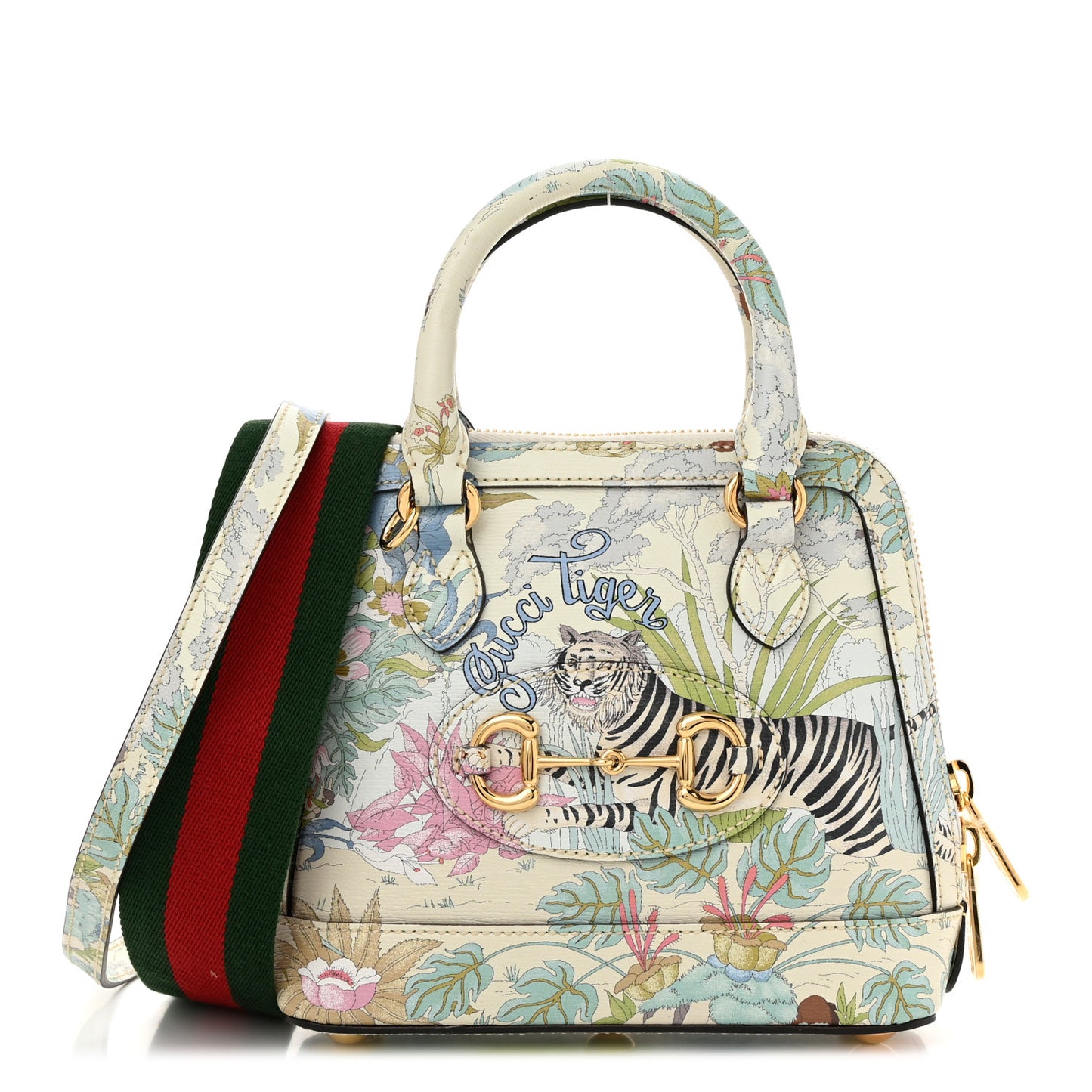 New Shangai Calfskin Tiger Savanah Web Mini Horsebit 1955 Top Handle Bag Chalky White Multicolor