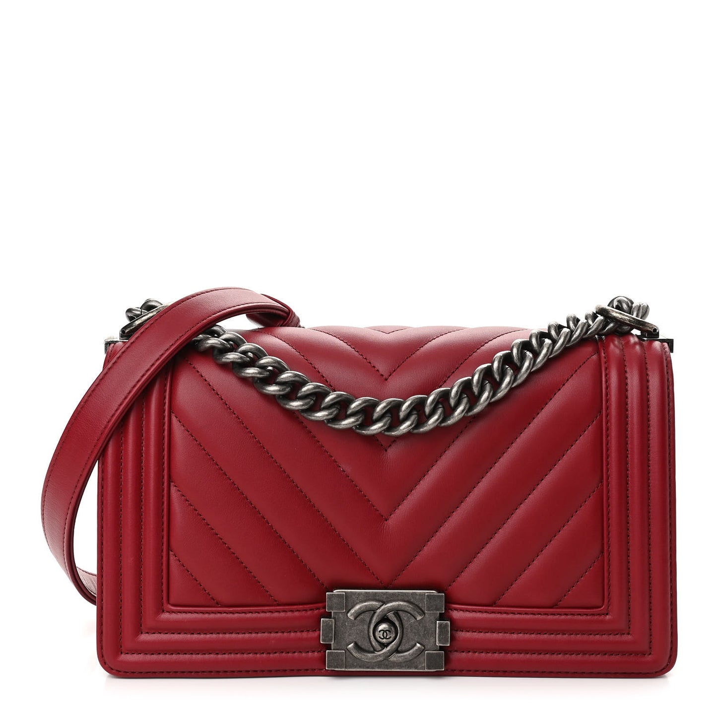 Calfskin Chevron Quilted Medium Boy Flap Dark Red