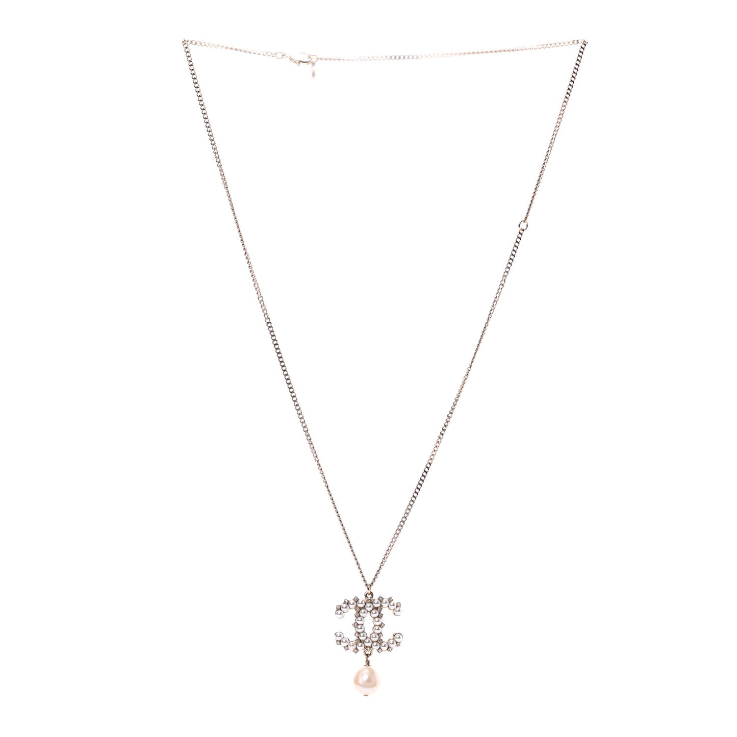 Crystal Pearl CC Drop Necklace Gold