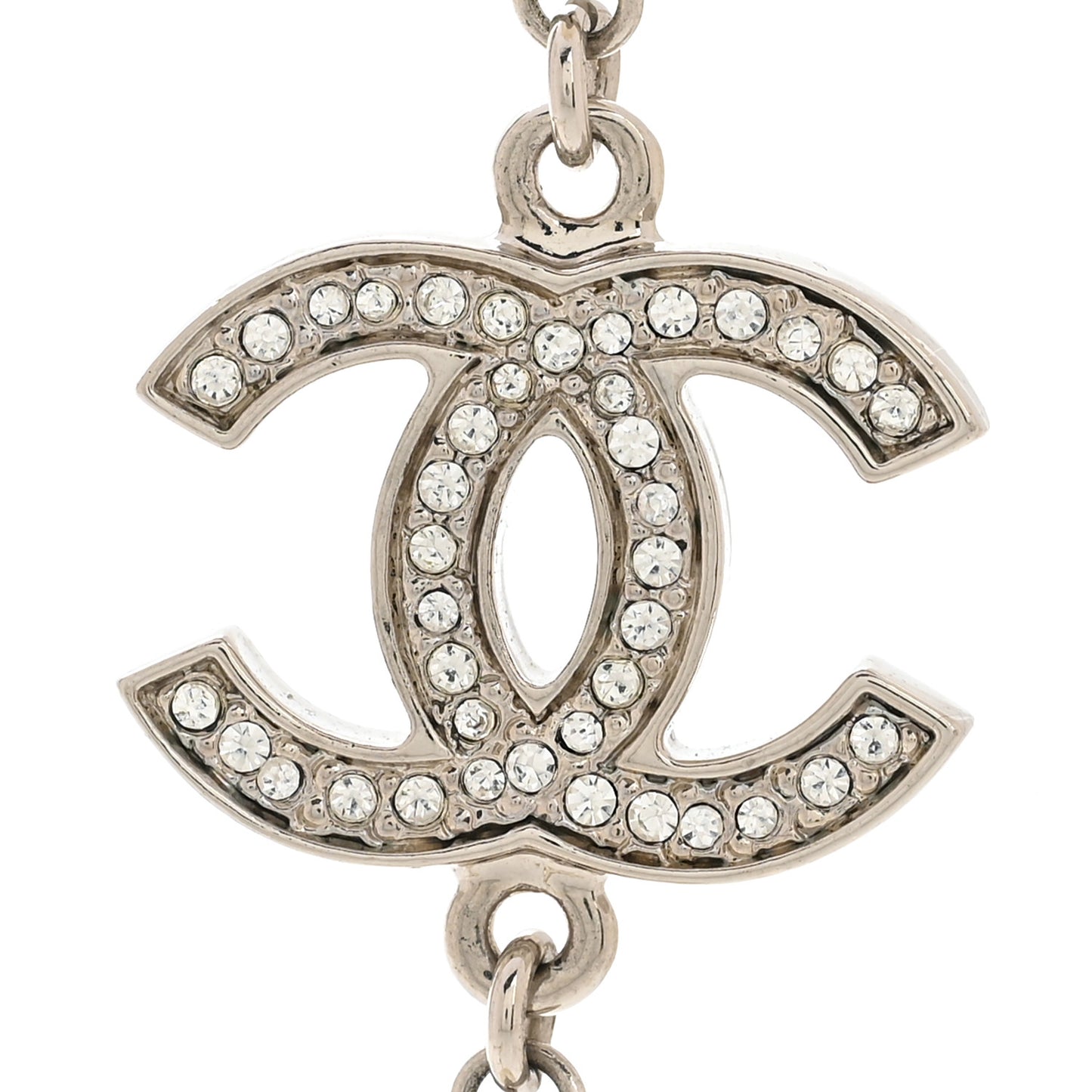 Graduated Pearl Crystal CC Long Necklace Silver