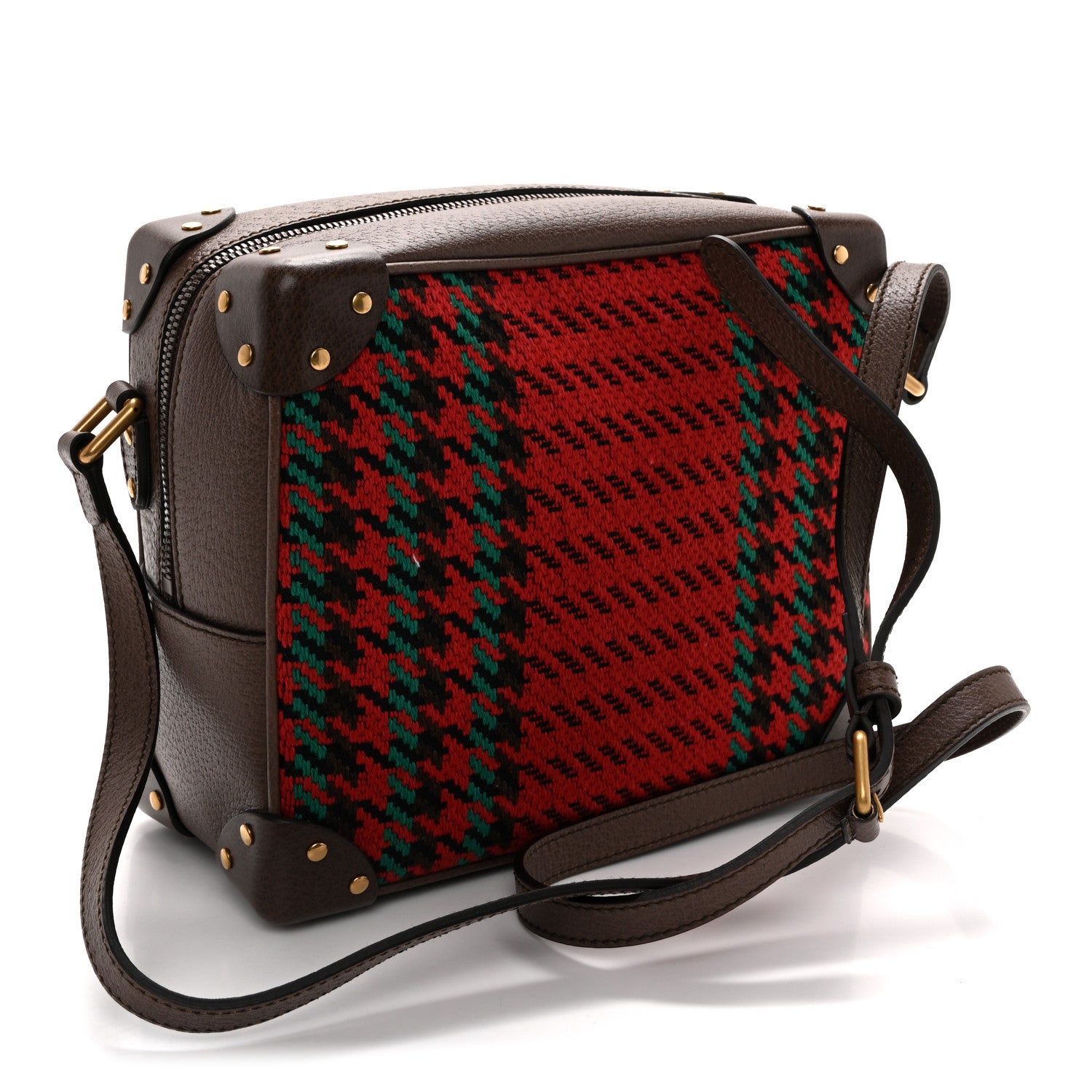 Gucci Cotton Wool Textured Calfskin Houndstooth Woven Square Messenger Bag Red Green Ivory Multicolor New Acero 3 of 10