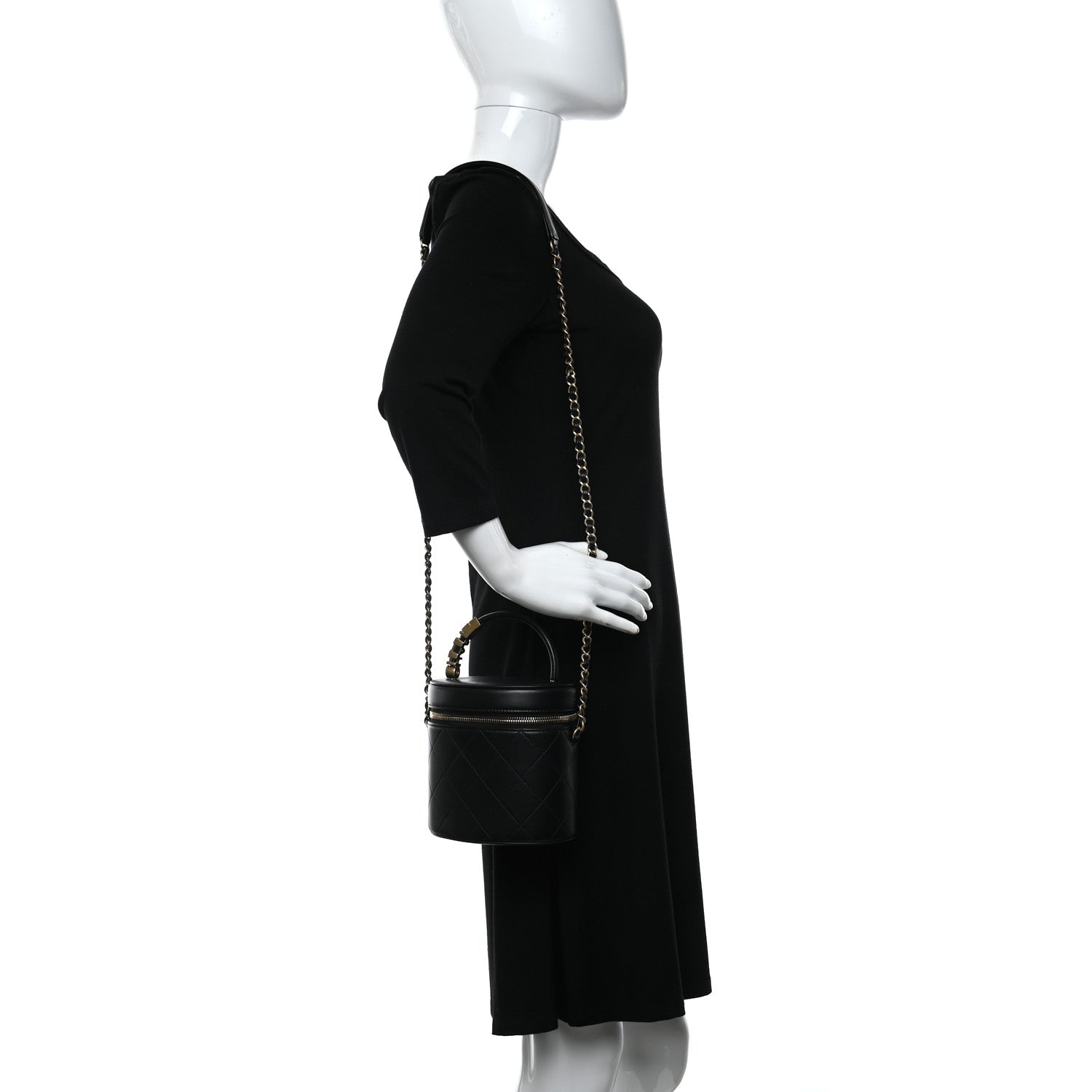 Chanel Lambskin Quilted Top Handle Round Logo Vanity Case With Chain Black 2 of 9