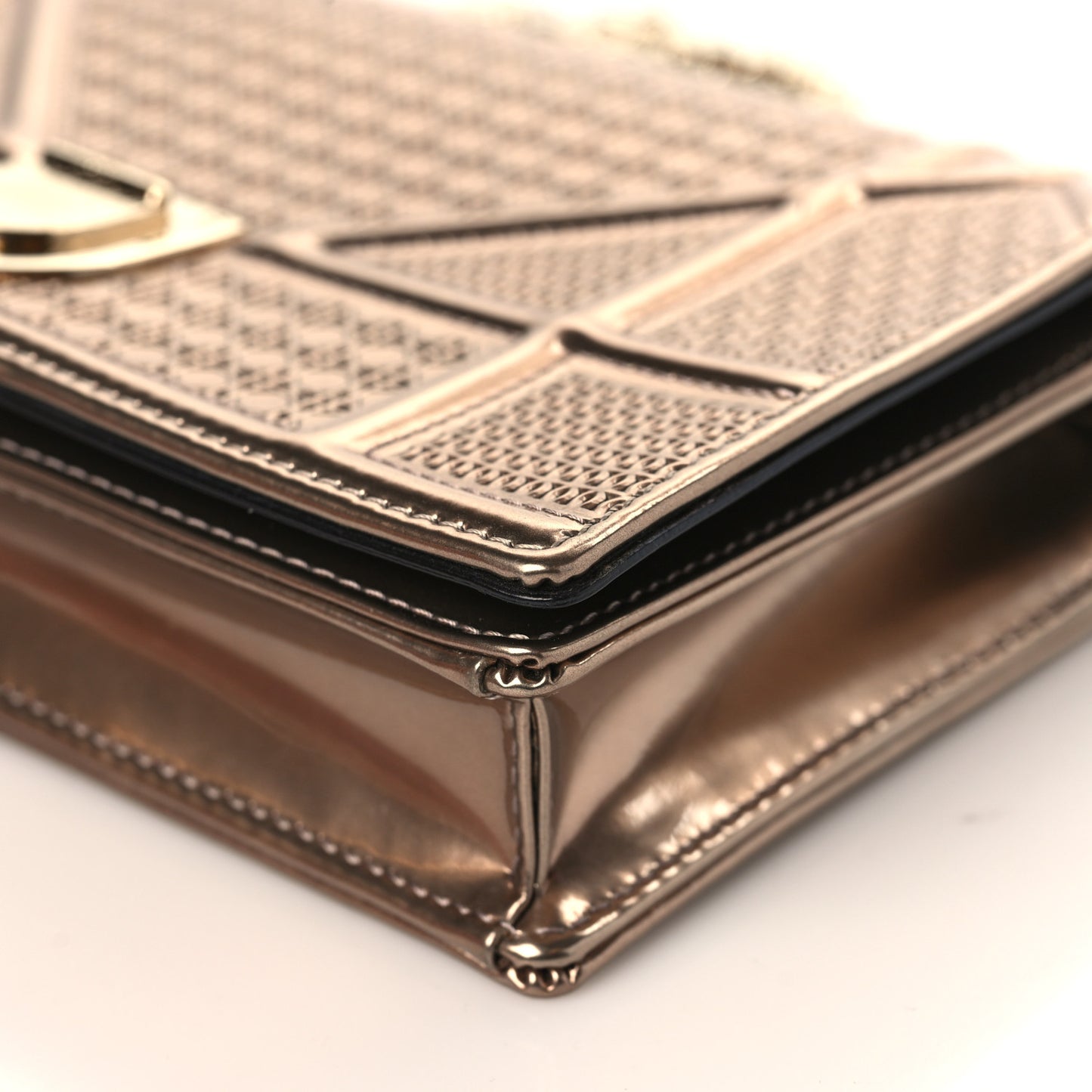 Metallic Patent Micro-Cannage Diorama Wallet on Chain Pouch Gold