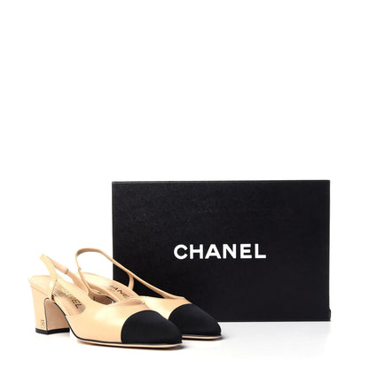 Chanel Goatskin Grosgrain Cap Toe CC Slingback Pumps 35.5 Beige Black 11 of 11