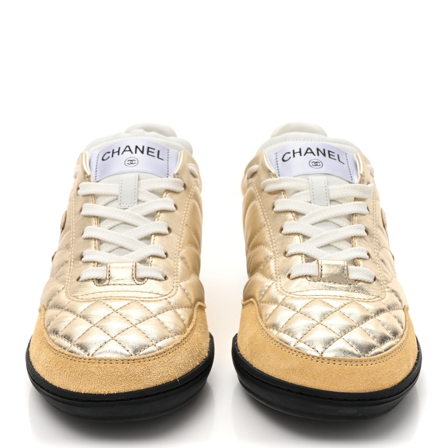 Chanel Laminated Calfskin Suede Quilted Womens CC Sneakers 37 Gold