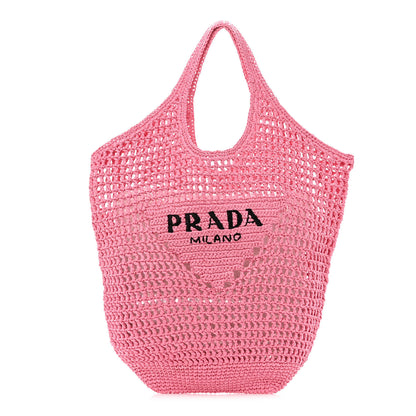 Prada Yarn Raffia Effect Crochet Logo Embroidered Shopping Tote Bag Petalo 1 of 10