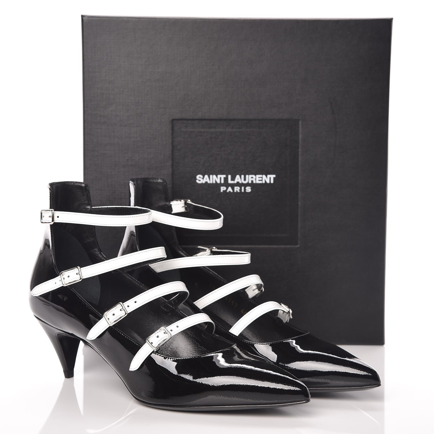 Saint Laurent Vitello Vernice Kitten 50 Strap Pumps 40 Black White Optique 9 of 9