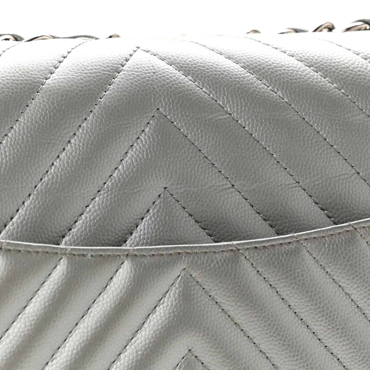 Metallic Caviar Chevron Quilted Jumbo Double Flap Silver