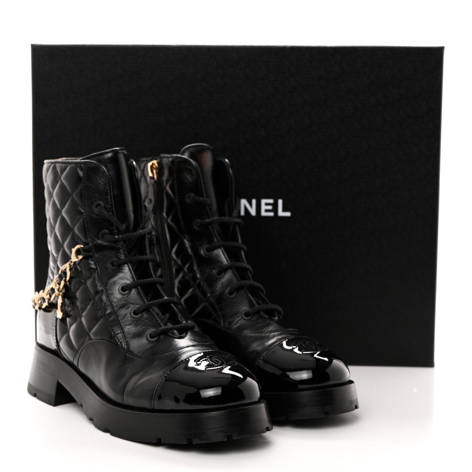 Chanel Shiny Calfskin Patent Quilted Chain Lace Up Combat Boots 38.5 Black 9 of 9