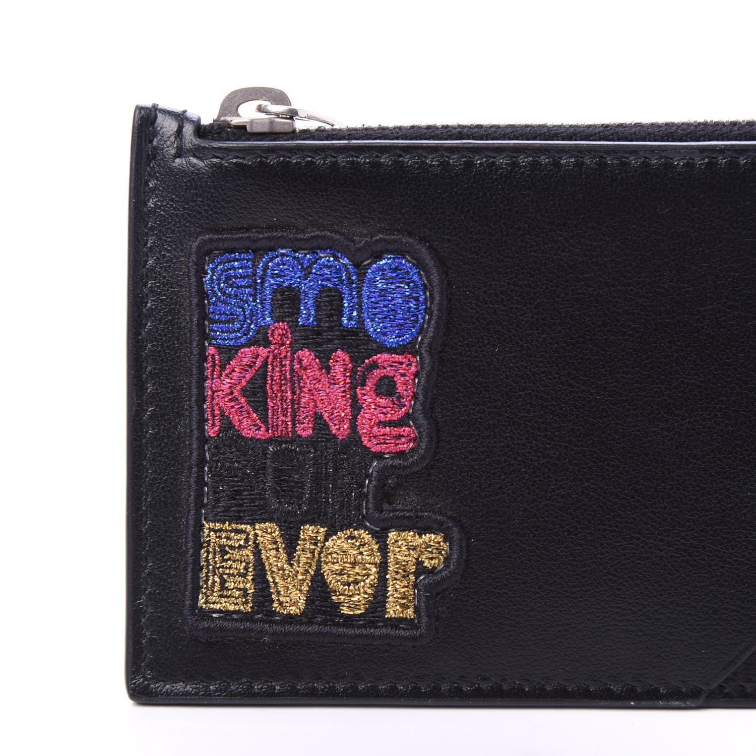 Saint Laurent Calfskin Smoking Forever Patch Fragments Zip Pouch Card Holder Black 7 of 7