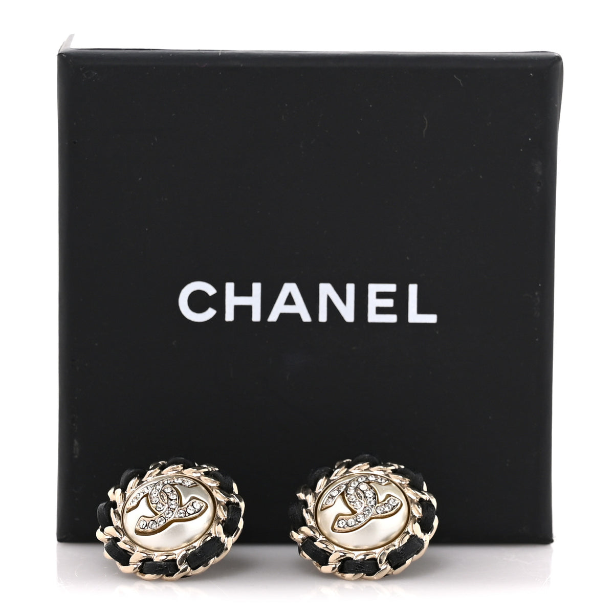 Pearl Crystal Lambskin CC Earrings Gold Black