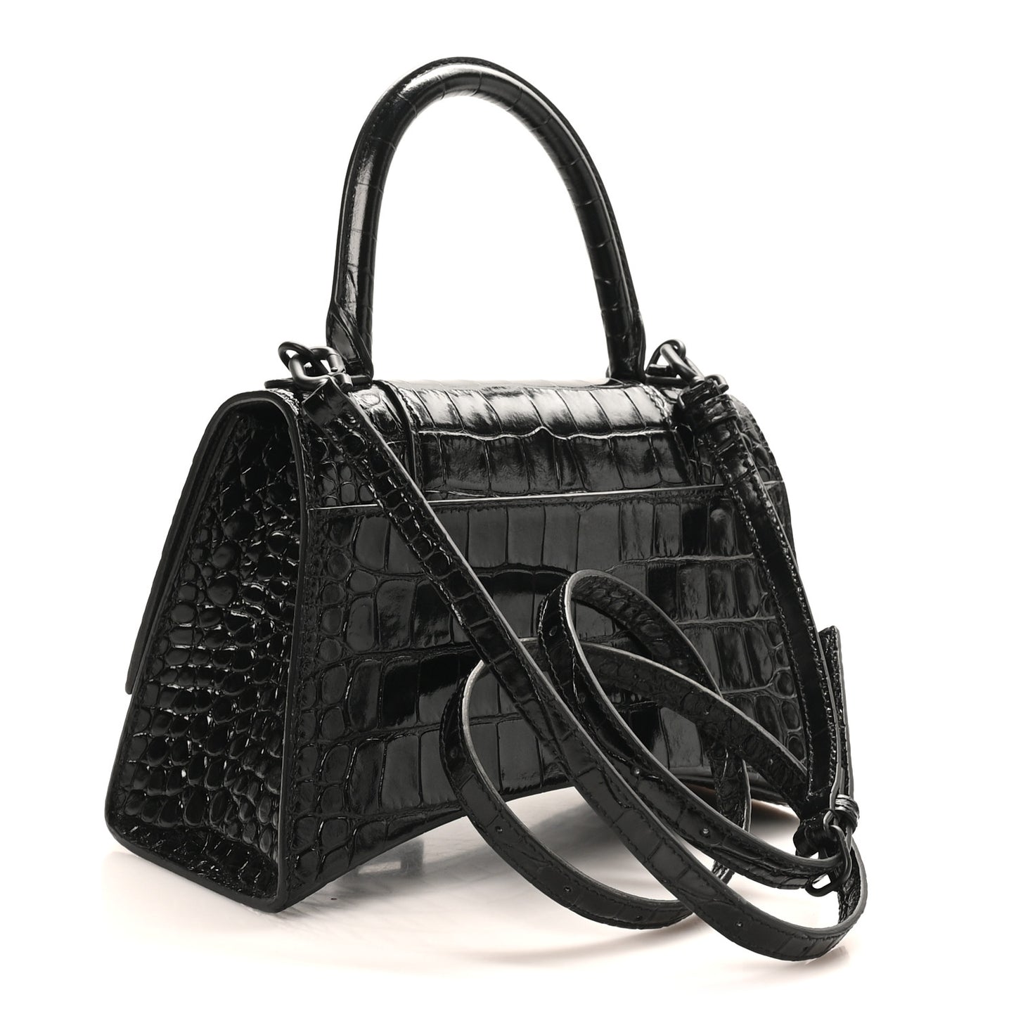 Shiny Calfskin Monochrome Crocodile Embossed Small Hourglass Top Handle Bag Black