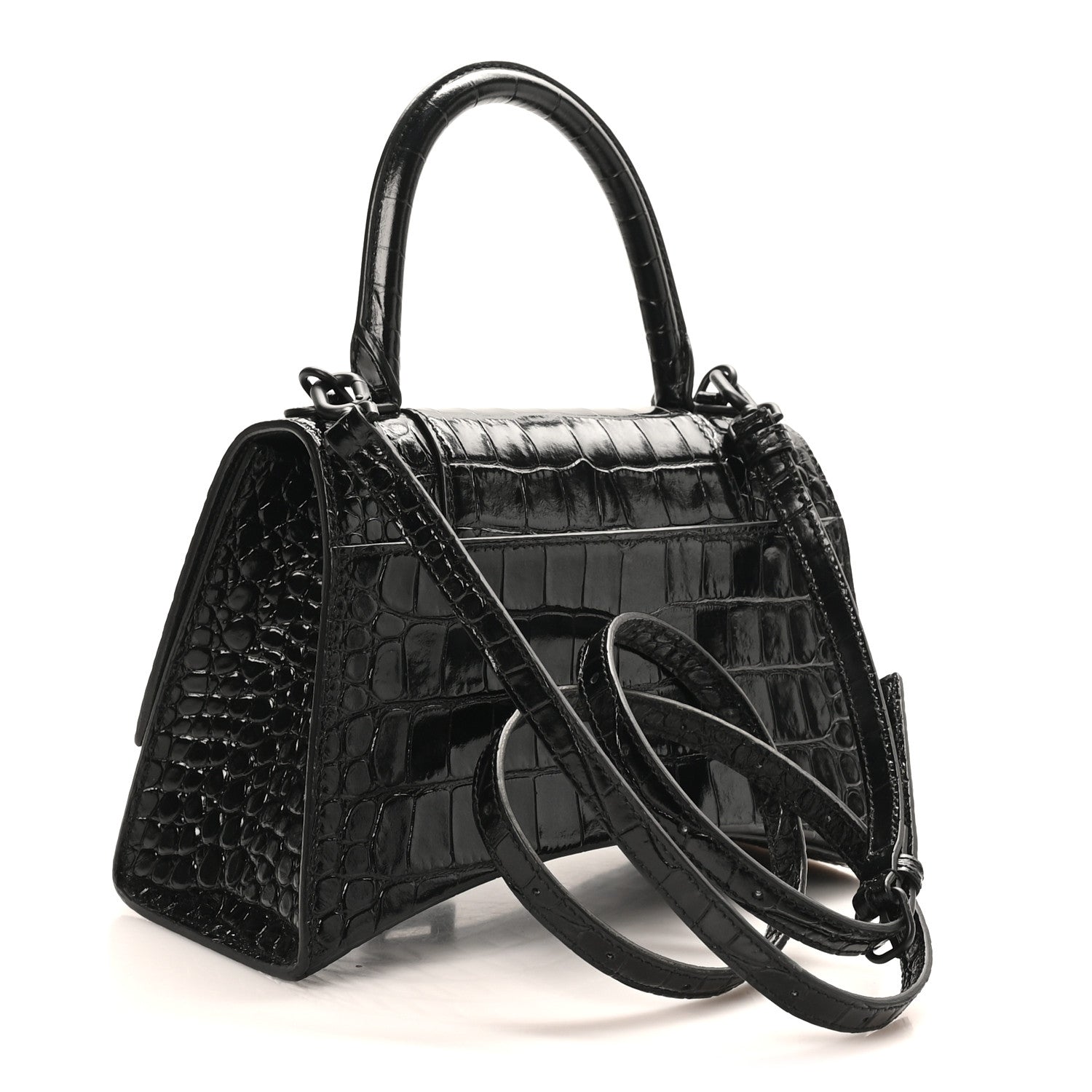 Balenciaga Shiny Calfskin Monochrome Crocodile Embossed Small Hourglass Top Handle Bag Black 2 of 9