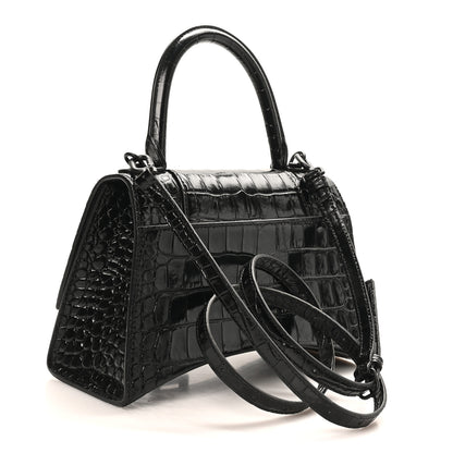 Balenciaga Shiny Calfskin Monochrome Crocodile Embossed Small Hourglass Top Handle Bag Black 2 of 9