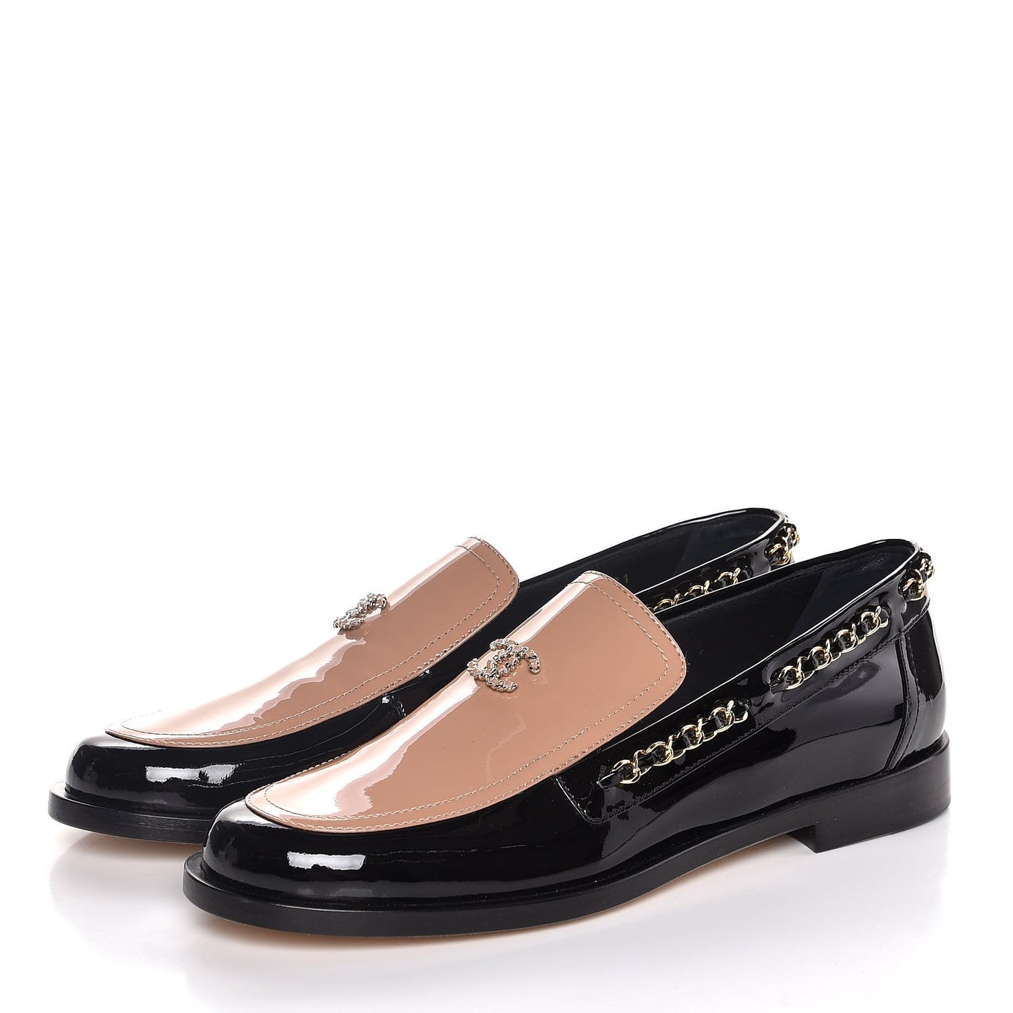 Patent Calfskin CC Chain Mocassin Loafers 41 Black Beige