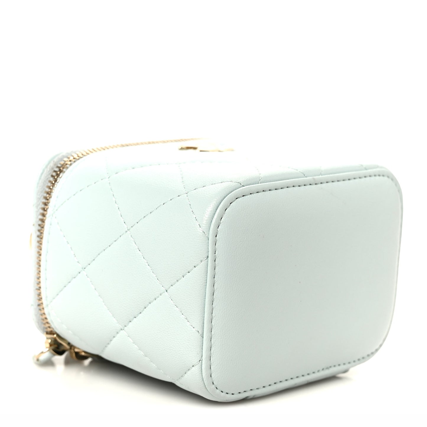 Lambskin Quilted Top Handle Mini Vanity Case With Chain Light Blue