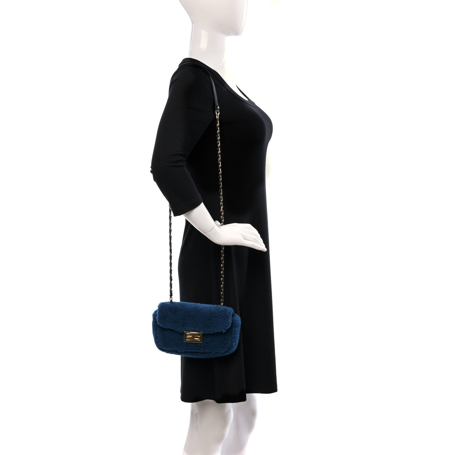 Fendi Shearling Nappa Mini Be Baguette Shoulder Bag Blue Black 2 of 11