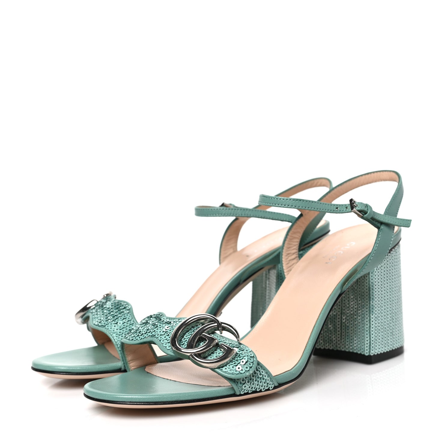 Sequin Satin Malaga Kid GG Marmont Ankle Wrap 75mm Sandals 38 Water Green Verde Chiaro Light Water Green