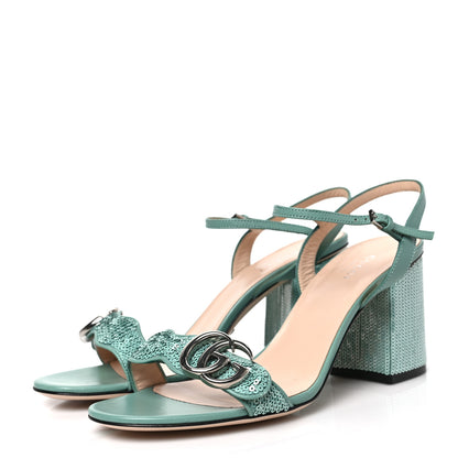 Gucci Sequin Satin Malaga Kid GG Marmont Ankle Wrap 75mm Sandals 38 Water Green Verde Chiaro Light Water Green 3 of 8