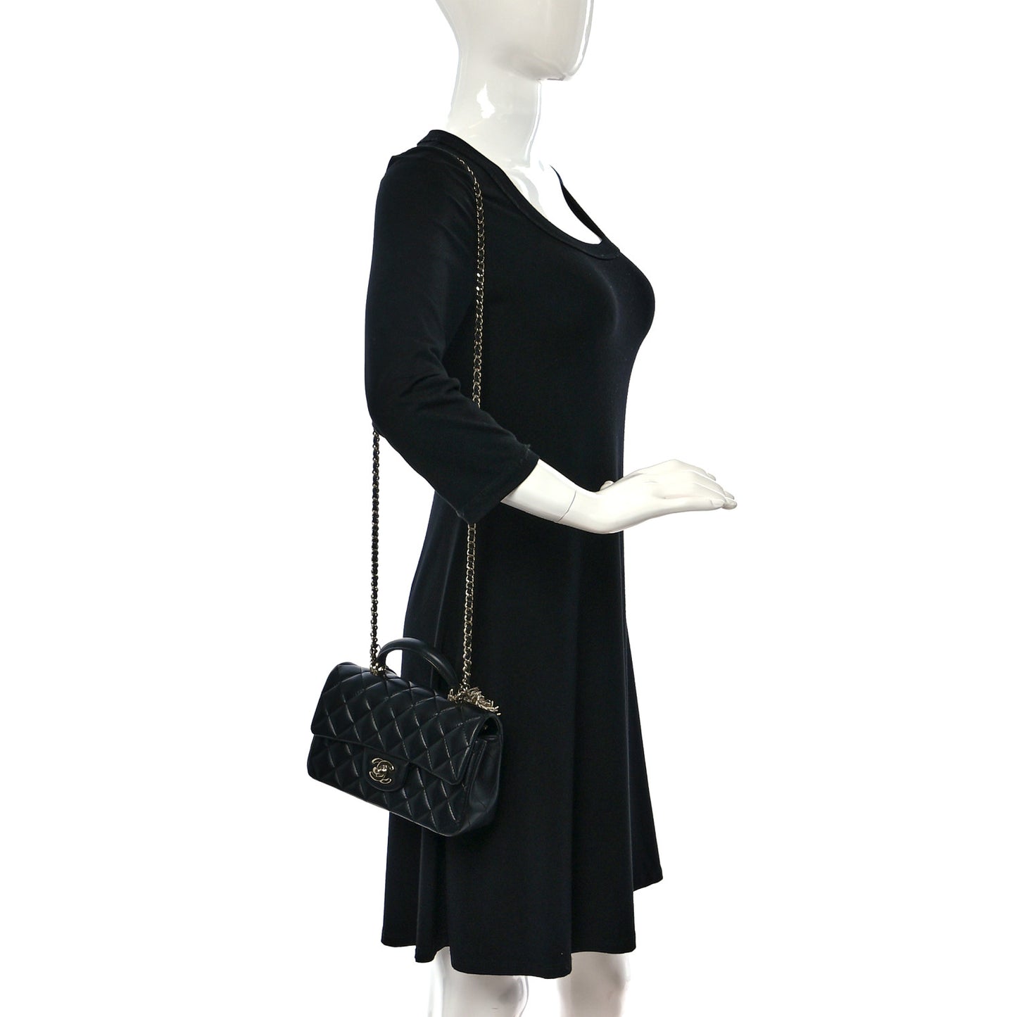 Lambskin Pearl Crystal Quilted Mini CC Lion Charm Top Handle Rectangular Flap Black