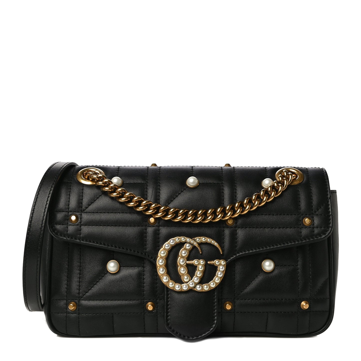 Calfskin Matelasse Studded Small Pearly GG Marmont Shoulder Bag Black