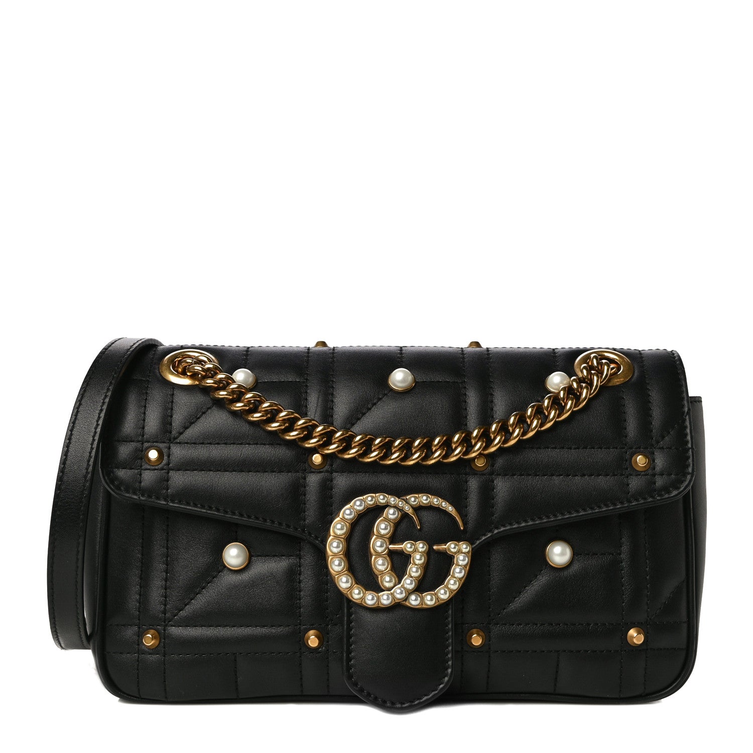Gucci Calfskin Matelasse Studded Small Pearly GG Marmont Shoulder Bag Black 1 of 13