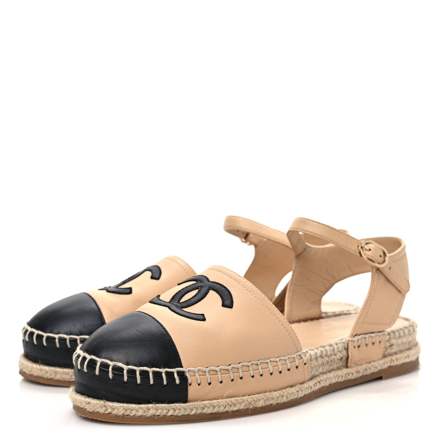 Chanel Lambskin Cap Toe CC Espadrille Sandals 38 Beige Black 3 of 8