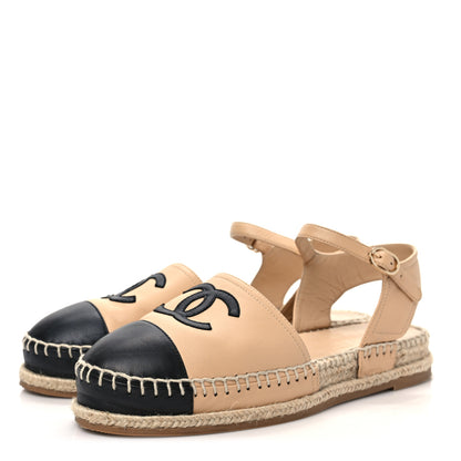 Chanel Lambskin Cap Toe CC Espadrille Sandals 38 Beige Black 3 of 8