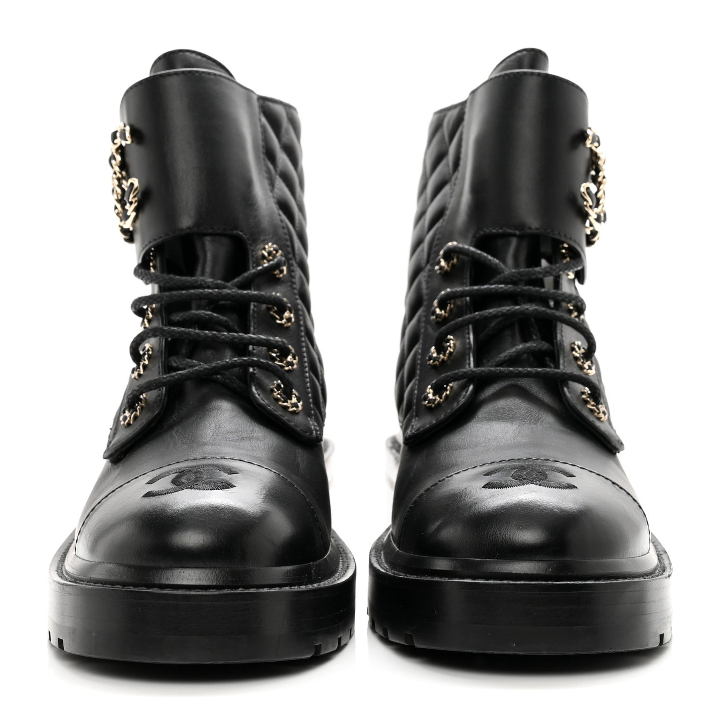 Shiny Lambskin Quilted Lace Up Combat Boots 39 Black