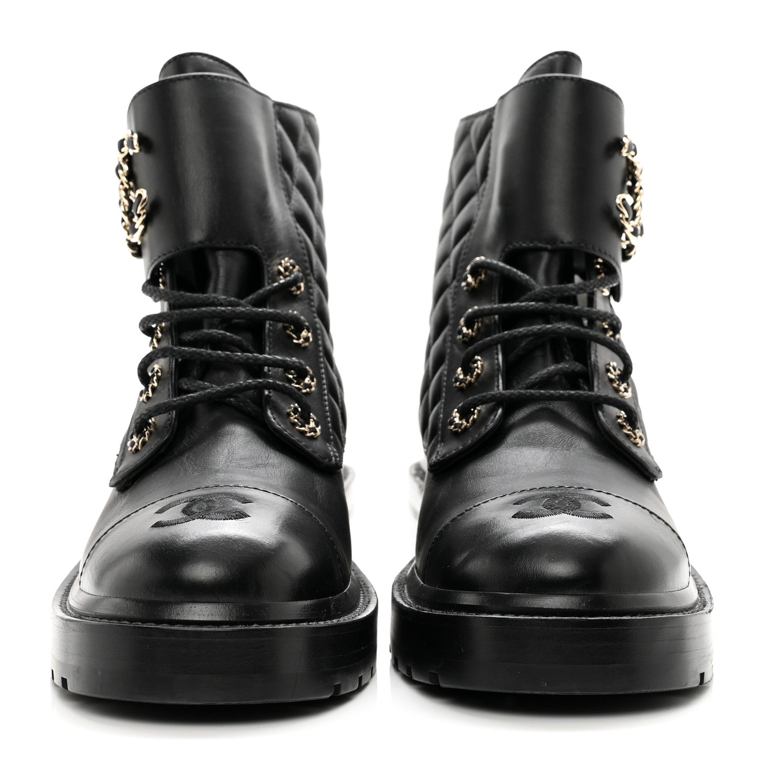 Chanel Shiny Lambskin Quilted Lace Up Combat Boots 39 Black 2 of 10