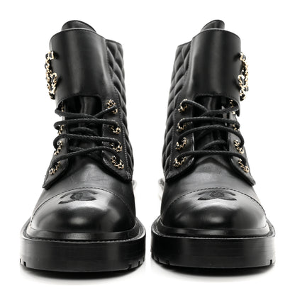 Chanel Shiny Lambskin Quilted Lace Up Combat Boots 39 Black 2 of 10