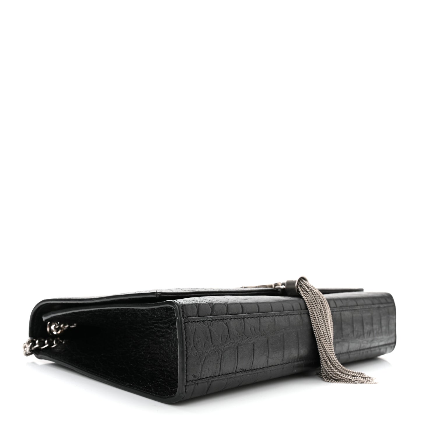 Calfskin Crocodile Embossed Medium Classic Monogram Kate Tassel Satchel Black