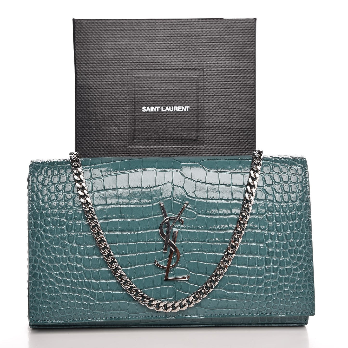 Calfskin Crocodile Embossed Monogram Chain Wallet Water Green