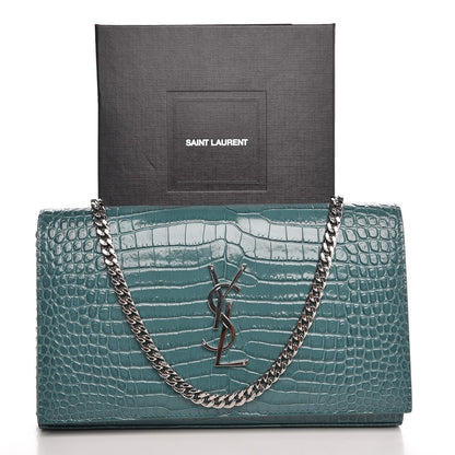 Saint Laurent Calfskin Crocodile Embossed Monogram Chain Wallet Water Green 9 of 9
