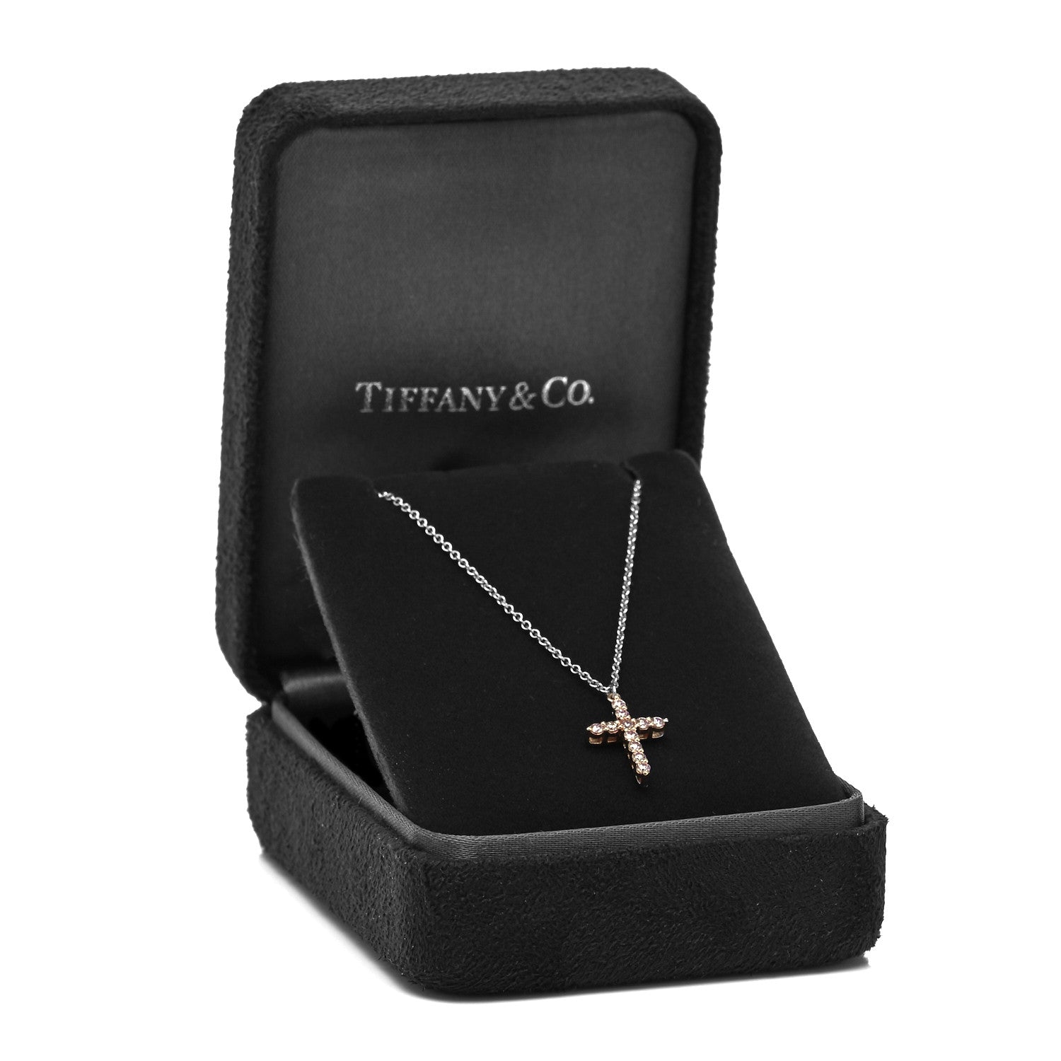 Tiffany 18K Rose Gold Platinum Pink Diamond Small Cross Pendant Necklace 7 of 7