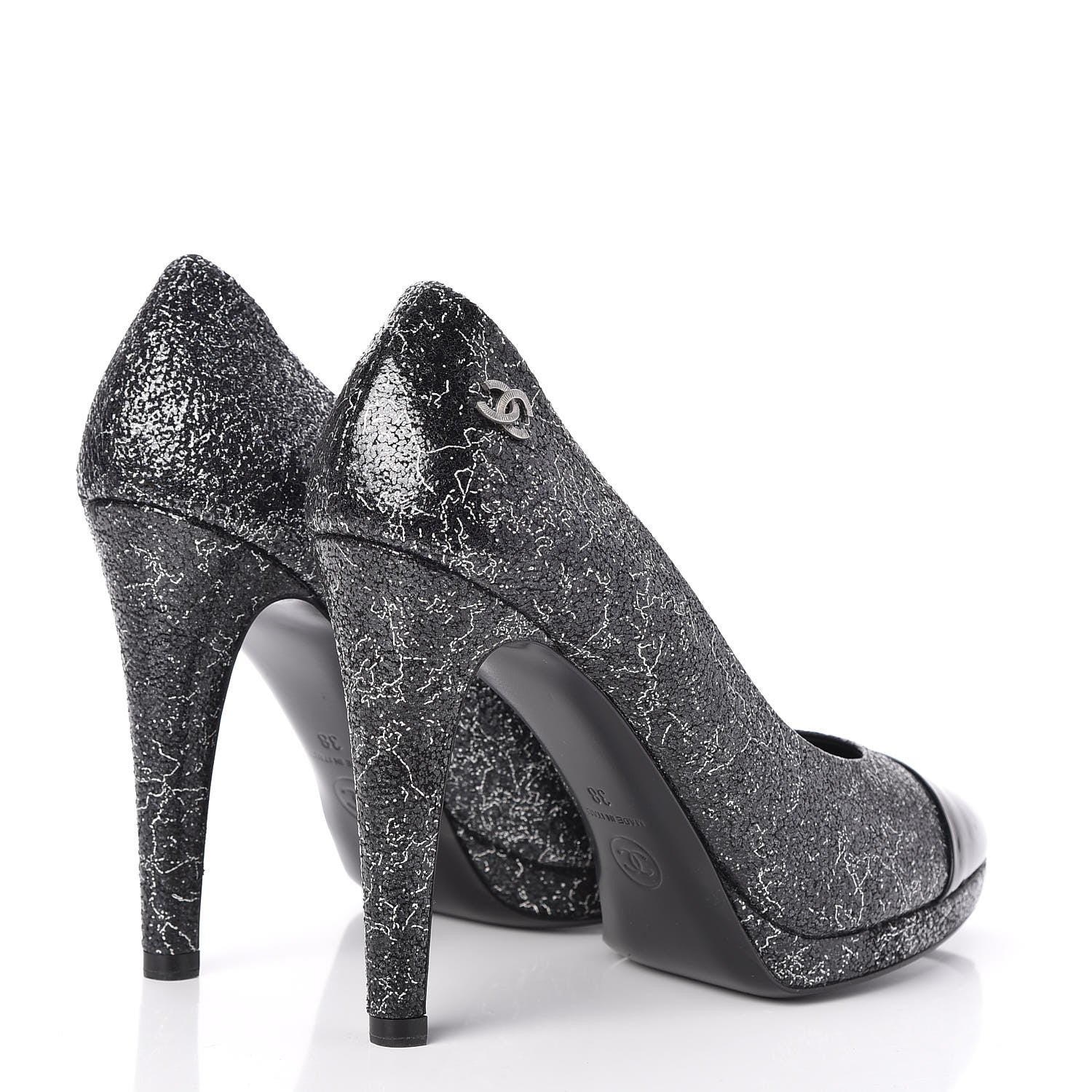 Chanel Metallic Crackled Calfskin Patent Cap Toe Pumps 38 Black 4 of 8
