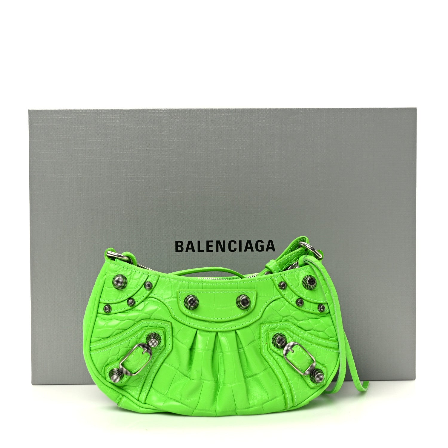 Balenciaga Extra Supple Calfskin Crocodile Embossed Le Cagole Mini Purse With Chain Acid Green 10 of 10
