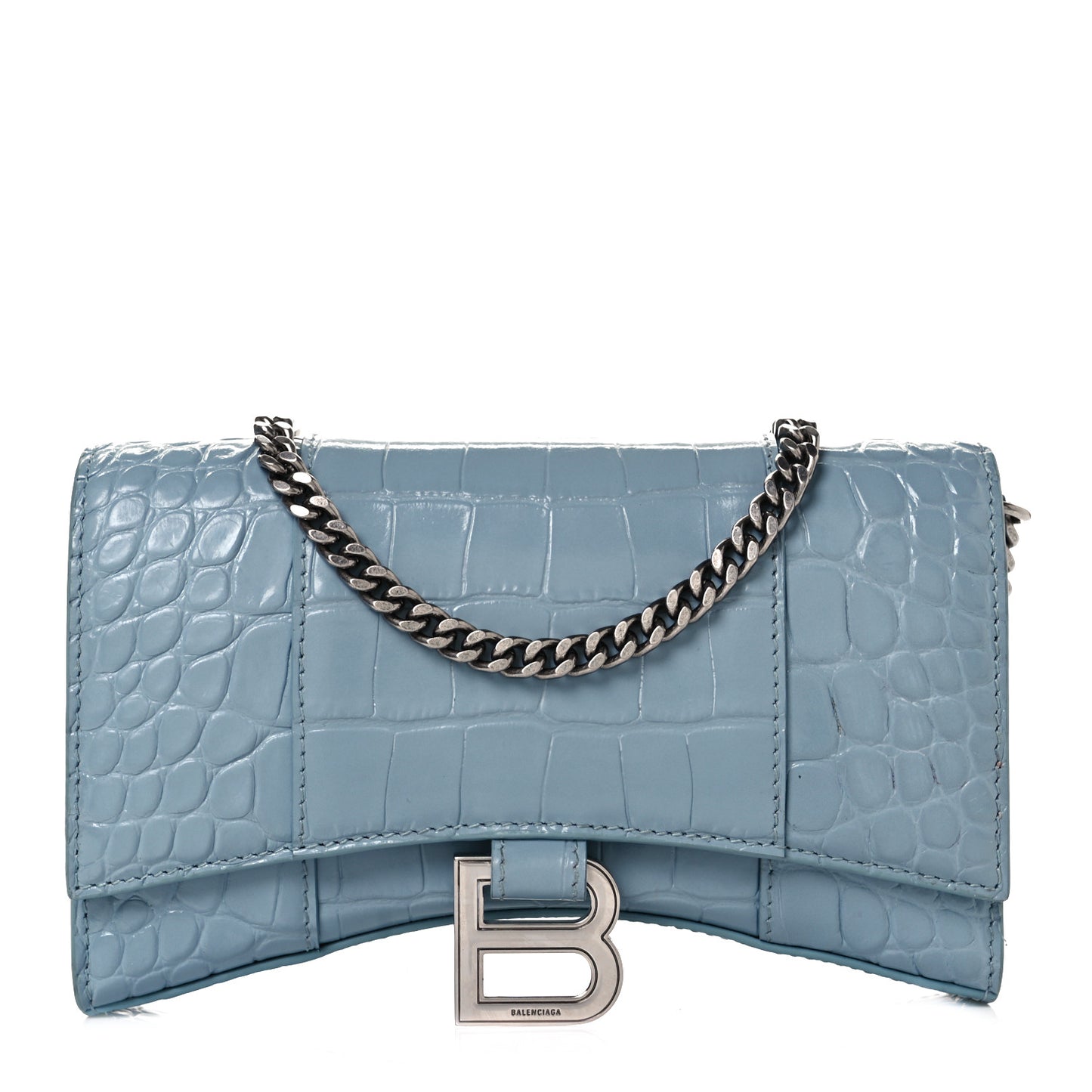 Shiny Calfskin Crocodile Embossed Hourglass Chain Bag Blue Grey