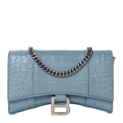 Balenciaga Shiny Calfskin Crocodile Embossed Hourglass Chain Bag Blue Grey 2 of 17