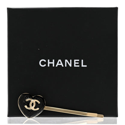 Chanel Resin Quilted Heart CC Hair Clip Pin Gold Black 4 of 4