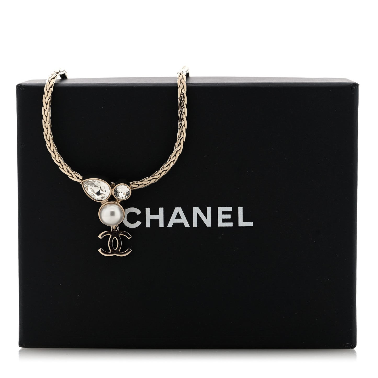Pearl Crystal CC Teardrop Braided Necklace Gold