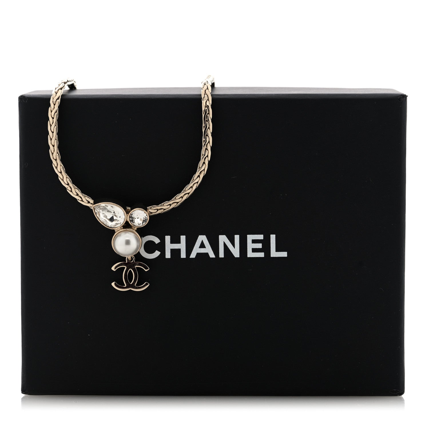 Chanel Pearl Crystal CC Teardrop Braided Necklace Gold 5 of 5