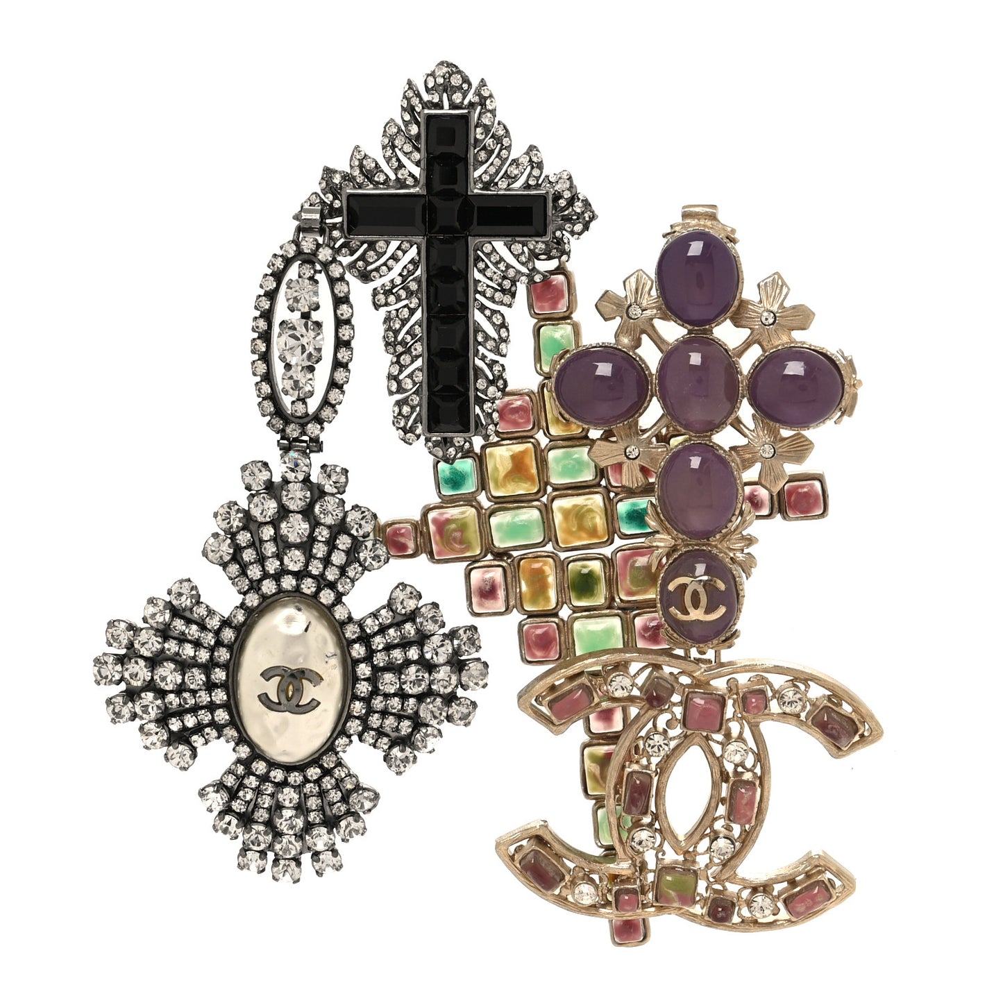 Crystal Gripoix CC Cross Charms Brooch Gold Ruthenium Multicolor