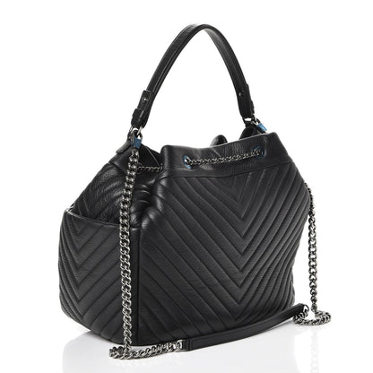 Chanel Deerskin Chevron Large CC Chain Bucket Drawstring Bag Black 3 of 8
